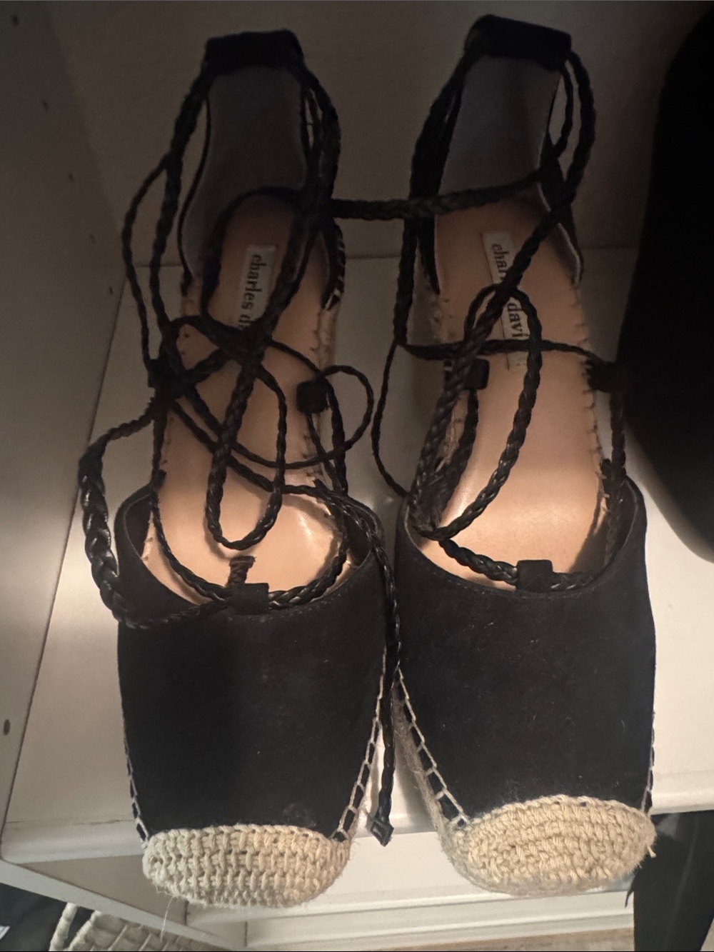 Charles By Charles David Black Espadrille Wedge with Braided Lace-Up Straps